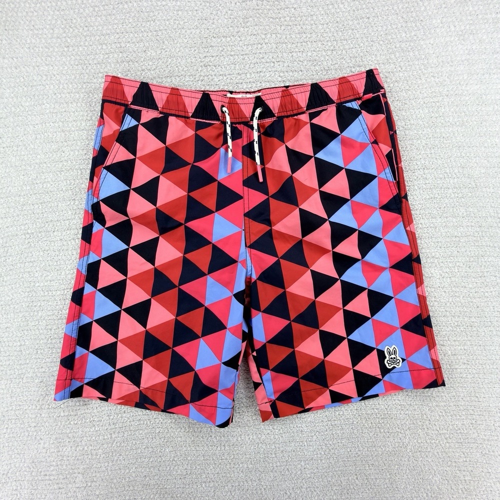 Psycho Bunny Boys XL 18/20 Swim Trunks Pink Blue Geometric Print Mesh Lined